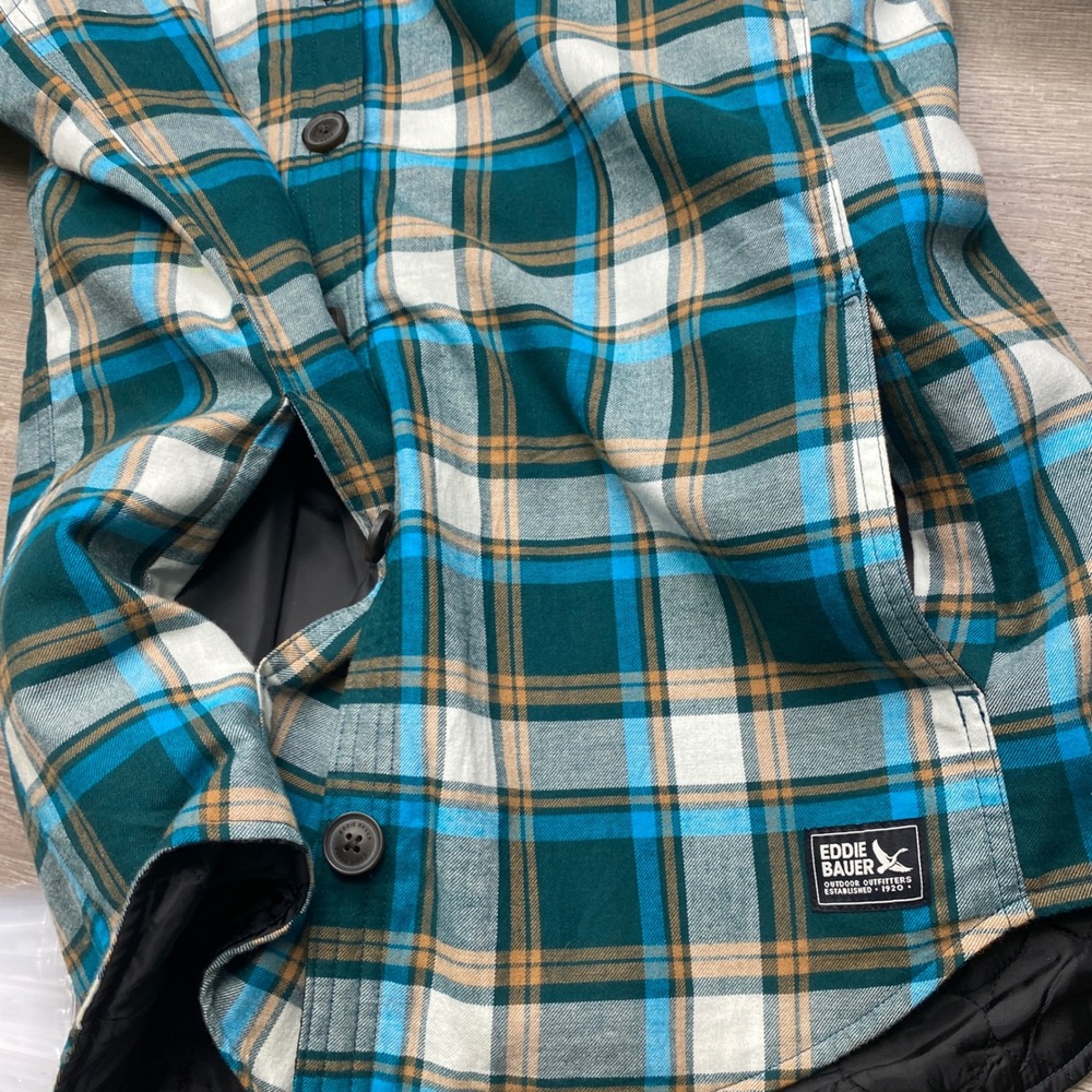 Eddie Bauer Shirt Jacket Womens M Teal Plaid Quilted Lined Flannel Outdoor - Picture 10 of 10